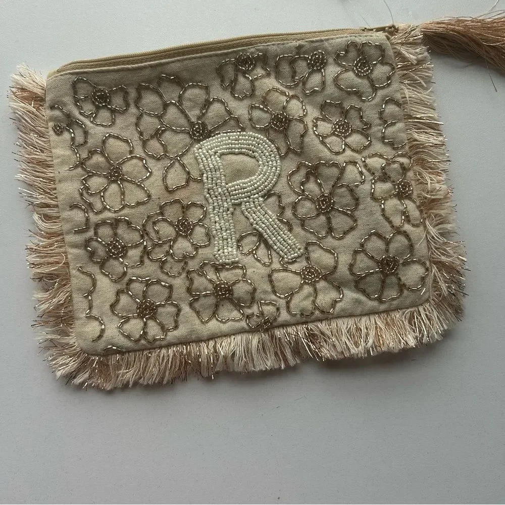 Elegant Floral Beige Clutch with Fringe Anthropologie